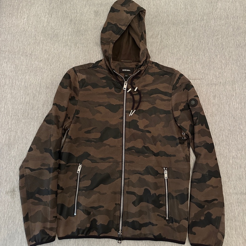 Diesel Leather Camouflage Print Utility Jacket - Brown and Olive Green Outerwear